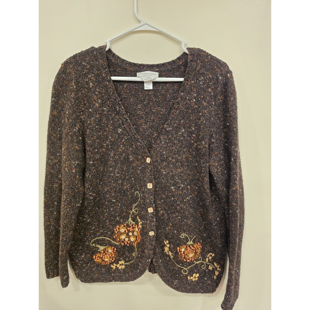 Christopher & Banks Embroidered Pumpkin Cardigan Womens LG Grandmacore Fall